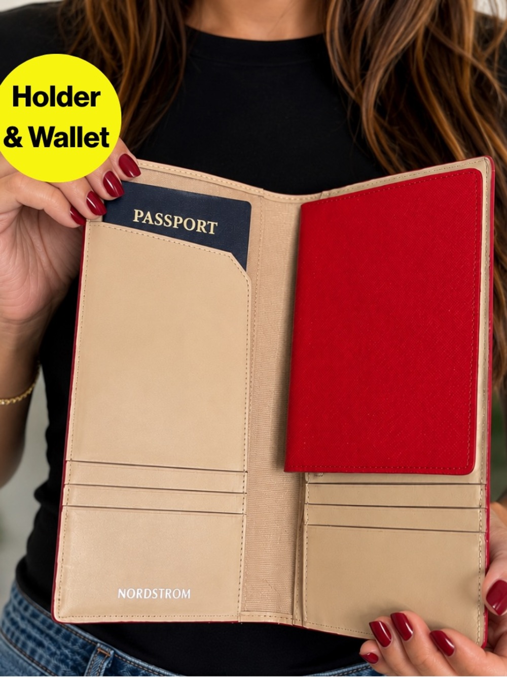 NORDSTROM ✈️ NEW - Cherrry Red, Beige Passport Wallet - 4 x9” Double Billfold